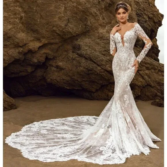 long sleeve wedding dresses us6 white Dresses | Isnwt Us6 Deep V Wedding Dresses Long Mermaid Long Sleeve Lace  Train Appliques